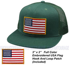 Load image into Gallery viewer, Antourage American Flag Flat Visor Constructed Mesh Snapback Hat + 2 Patriotic Patches + 2 Patriotic Patches - Wholesale: Green - 10 Units ($8.00 Ea.)
