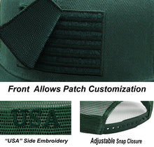 Load image into Gallery viewer, Antourage American Flag Flat Visor Constructed Mesh Snapback Hat + 2 Patriotic Patches + 2 Patriotic Patches - Wholesale: Green - 10 Units ($8.00 Ea.)
