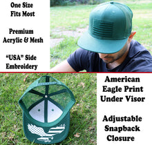 Load image into Gallery viewer, Antourage American Flag Flat Visor Constructed Mesh Snapback Hat + 2 Patriotic Patches - Green
