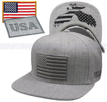 Load image into Gallery viewer, Antourage American Flag Flat Visor Constructed Snapback Hat + 2 Patriotic Patches - Grey
