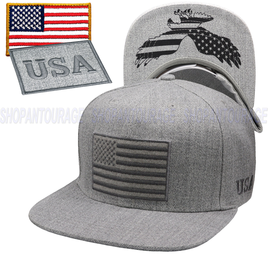 Antourage American Flag Flat Visor Constructed Snapback Hat + 2 Patriotic Patches - Grey