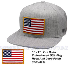 Load image into Gallery viewer, Antourage American Flag Flat Visor Constructed Snapback Hat + 2 Patriotic Patches - Grey
