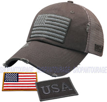 Load image into Gallery viewer, Antourage American Flag Mesh Snapback Unconstructed Unisex Trucker Hat + 2 Patriotic Patches - Grey
