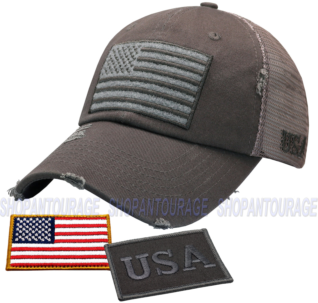 Antourage American Flag Mesh Snapback Unconstructed Unisex Trucker Hat + 2 Patriotic Patches - Grey