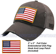 Load image into Gallery viewer, Antourage American Flag Mesh Snapback Unconstructed Unisex Trucker Hat + 2 Patriotic Patches - Grey
