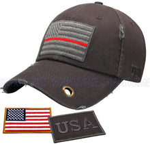 Load image into Gallery viewer, Antourage American Flag Hat for Men and Women | Vintage Baseball Tactical Hat Cap with USA Flag + 2 Patriotic Patches - Grey/ Thin Red Line with Brass Keyhole
