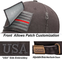 Load image into Gallery viewer, Antourage American Flag Hat for Men and Women | Vintage Baseball Tactical Hat Cap with USA Flag + 2 Patriotic Patches - Grey/ Thin Red Line with Brass Keyhole
