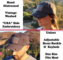 Load image into Gallery viewer, Antourage American Flag Hat for Men and Women | Vintage Baseball Tactical Hat Cap with USA Flag + 2 Patriotic Patches - Grey/ Thin Red Line with Brass Keyhole
