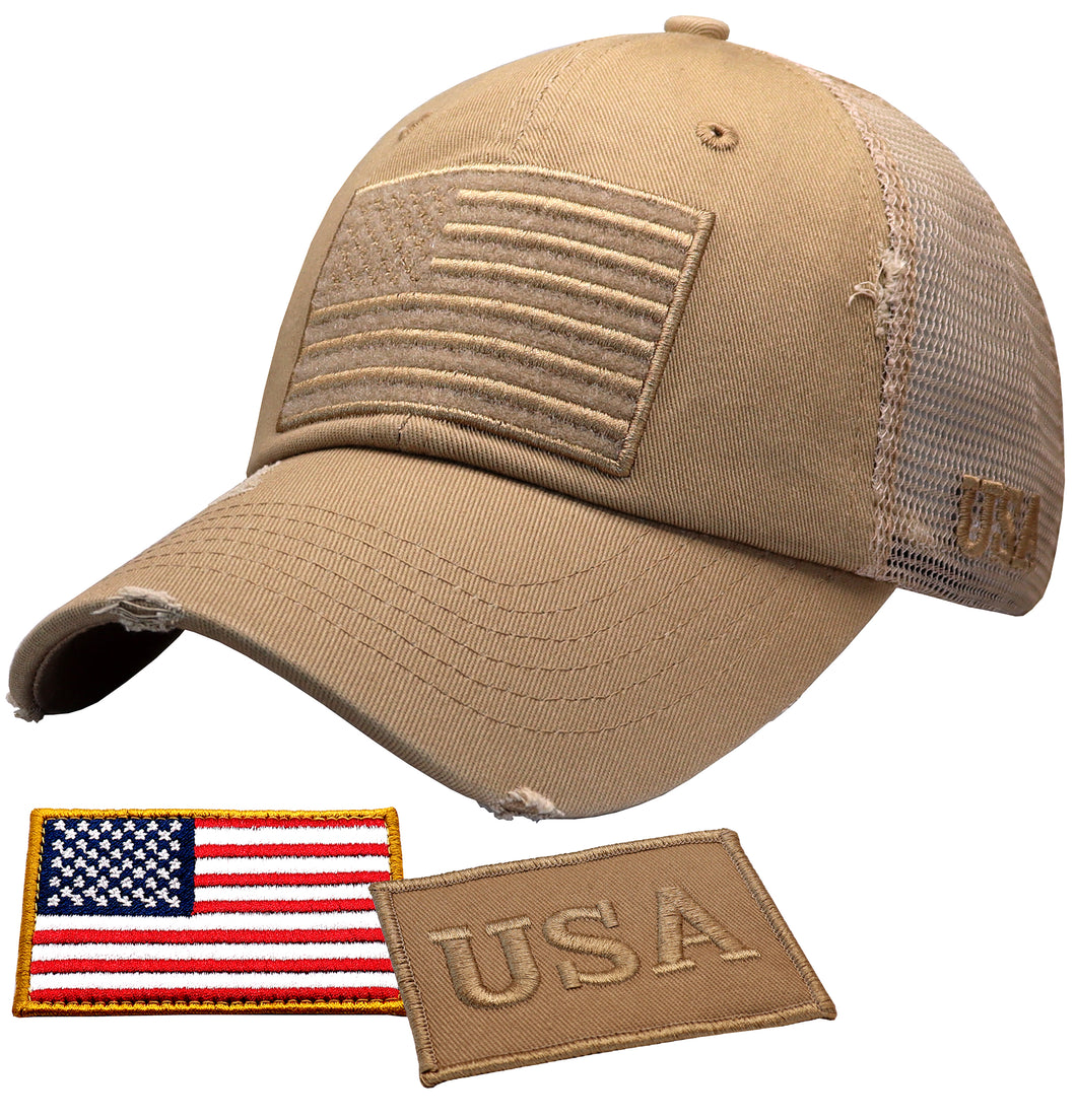 BLUDOBIE American Flag Mesh Snapback Unconstructed Unisex Trucker Hat + 2 Patriotic Patches - Khaki