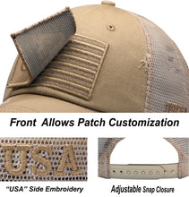 Load image into Gallery viewer, BLUDOBIE American Flag Mesh Snapback Unconstructed Unisex Trucker Hat + 2 Patriotic Patches - Khaki
