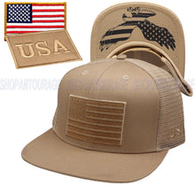 Load image into Gallery viewer, Antourage American Flag Flat Visor Constructed Mesh Snapback Hat + 2 Patriotic Patches - Khaki
