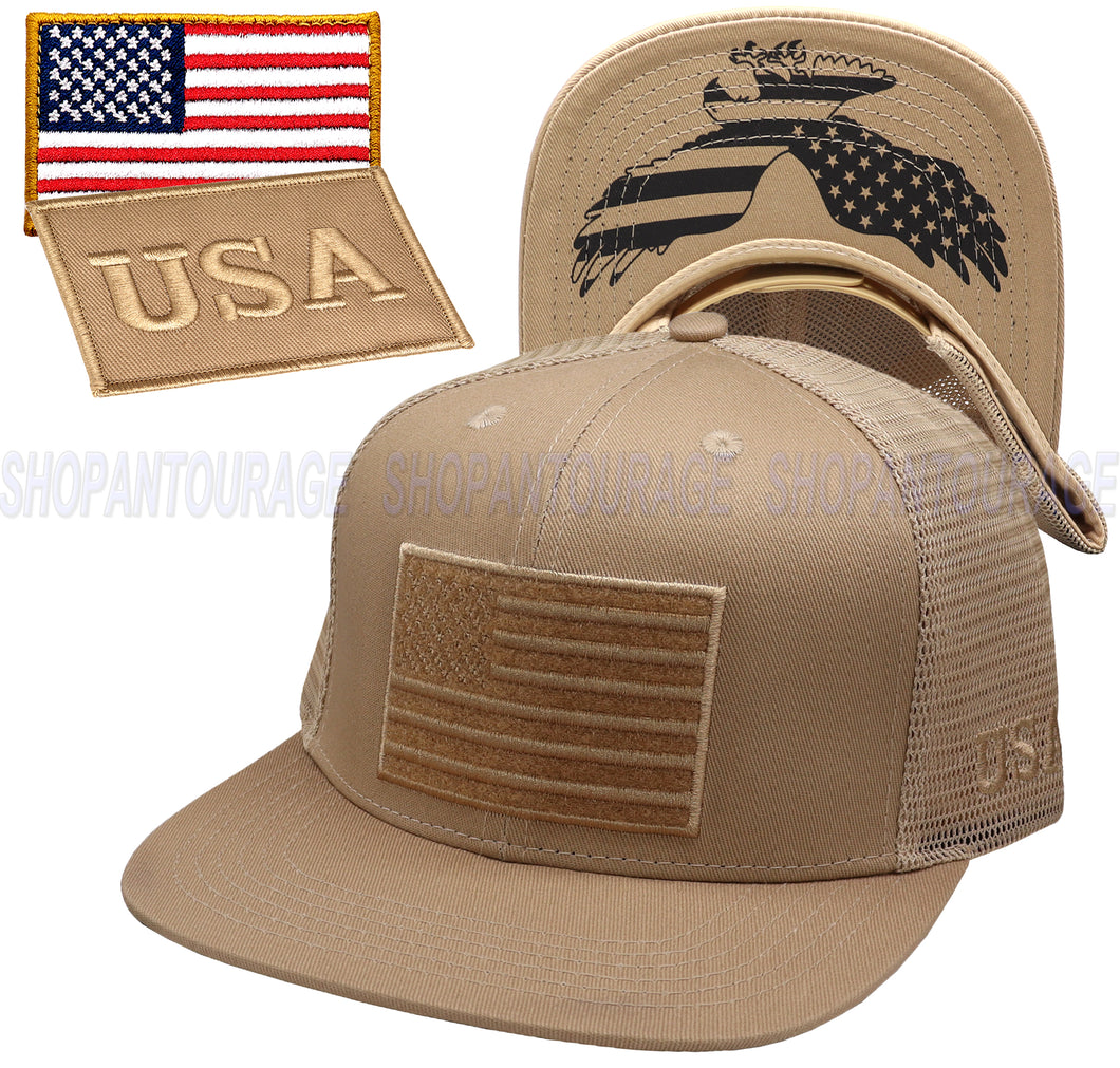 Antourage American Flag Flat Visor Constructed Mesh Snapback Hat + 2 Patriotic Patches - Khaki