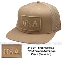 Load image into Gallery viewer, Antourage American Flag Flat Visor Constructed Mesh Snapback Hat + 2 Patriotic Patches - Khaki
