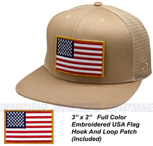 Load image into Gallery viewer, Antourage American Flag Flat Visor Constructed Mesh Snapback Hat + 2 Patriotic Patches - Khaki
