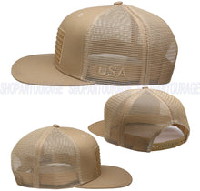 Load image into Gallery viewer, Antourage American Flag Flat Visor Constructed Mesh Snapback Hat + 2 Patriotic Patches - Khaki
