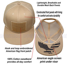 Load image into Gallery viewer, Antourage American Flag Flat Visor Constructed Mesh Snapback Hat + 2 Patriotic Patches + 2 Patriotic Patches - Wholesale: Khaki - 10 Units ($8.00 Ea.)
