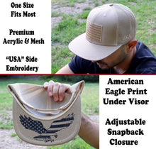 Load image into Gallery viewer, Antourage American Flag Flat Visor Constructed Mesh Snapback Hat + 2 Patriotic Patches - Khaki
