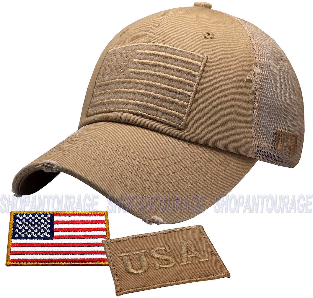 Antourage American Flag Mesh Snapback Unconstructed Unisex Trucker Hat + 2 Patriotic Patches - Khaki