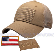 Load image into Gallery viewer, Antourage American Flag Distressed Mesh Collection Hat - Wholesale: Khaki - 10 Units ($7.00 Ea.)
