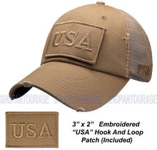 Load image into Gallery viewer, Antourage American Flag Mesh Snapback Unconstructed Unisex Trucker Hat + 2 Patriotic Patches - Khaki
