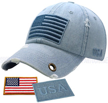 Load image into Gallery viewer, Antourage American Flag Hat for Men and Women | Vintage Baseball Tactical Hat Cap with USA Flag + 2 Patriotic Patches - Lt.Denim with Brass Keyhole
