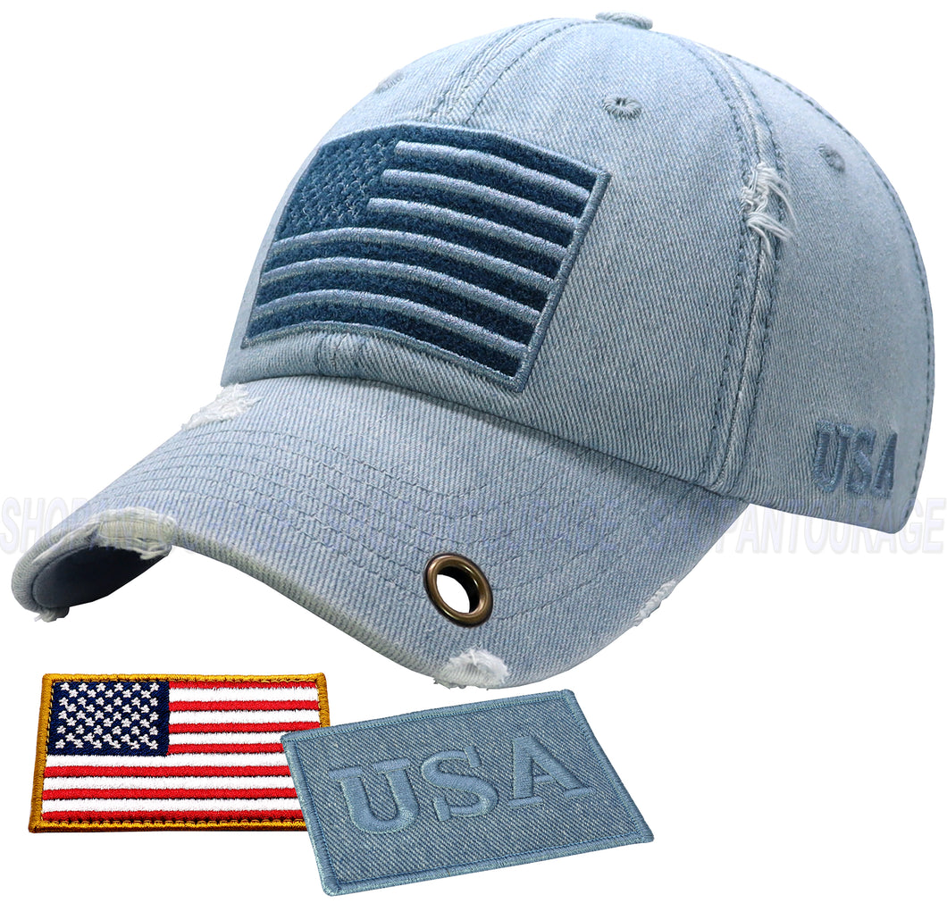 Antourage American Flag Hat for Men and Women | Vintage Baseball Tactical Hat Cap with USA Flag + 2 Patriotic Patches - Lt.Denim with Brass Keyhole