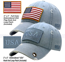 Load image into Gallery viewer, Antourage American Flag Hat for Men and Women | Vintage Baseball Tactical Hat Cap with USA Flag + 2 Patriotic Patches - Lt.Denim with Brass Keyhole
