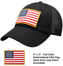 Load image into Gallery viewer, Antourage American Flag Hat for Men and Women | Classic Mesh Baseball Hat Cap with USA Flag + 2 Patriotic Patches - Black
