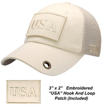 Load image into Gallery viewer, Antourage American Flag Hat for Men and Women | Classic Mesh Baseball Hat Cap with USA Flag + 2 Patriotic Patches - Beige with Keyhole
