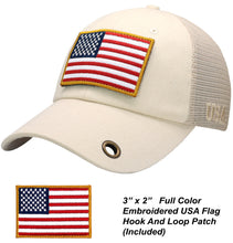 Load image into Gallery viewer, Antourage American Flag Hat for Men and Women | Classic Mesh Baseball Hat Cap with USA Flag + 2 Patriotic Patches - Beige with Keyhole
