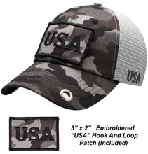 Load image into Gallery viewer, Antourage American Flag Hat for Men and Women | Classic Mesh Baseball Hat Cap with USA Flag + 2 Patriotic Patches - Black Camo with Keyhole
