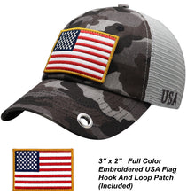 Load image into Gallery viewer, Antourage American Flag Hat for Men and Women | Classic Mesh Baseball Hat Cap with USA Flag + 2 Patriotic Patches - Black Camo with Keyhole
