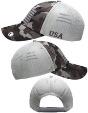 Load image into Gallery viewer, Antourage American Flag Hat for Men and Women | Classic Mesh Baseball Hat Cap with USA Flag + 2 Patriotic Patches - Black Camo with Keyhole
