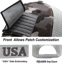 Load image into Gallery viewer, Antourage American Flag Hat for Men and Women | Classic Mesh Baseball Hat Cap with USA Flag + 2 Patriotic Patches - Black Camo with Keyhole
