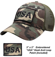 Load image into Gallery viewer, Antourage American Flag Hat for Men and Women | Classic Mesh Baseball Hat Cap with USA Flag + 2 Patriotic Patches - Camo
