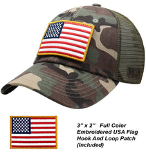 Load image into Gallery viewer, Antourage American Flag Hat for Men and Women | Classic Mesh Baseball Hat Cap with USA Flag + 2 Patriotic Patches - Camo
