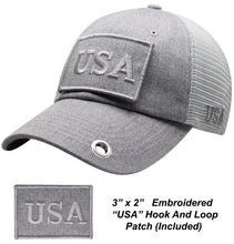 Load image into Gallery viewer, Antourage American Flag Hat for Men and Women | Classic Mesh Baseball Hat Cap with USA Flag + 2 Patriotic Patches - Grey with Keyhole
