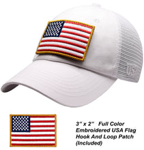 Load image into Gallery viewer, Antourage American Flag Hat for Men and Women | Classic Mesh Baseball Hat Cap with USA Flag + 2 Patriotic Patches - White
