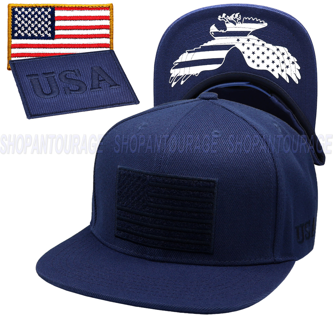 Antourage American Flag Flat Visor Constructed Snapback Hat + 2 Patriotic Patches - Navy