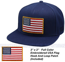 Load image into Gallery viewer, Antourage American Flag Flat Visor Constructed Snapback Hat + 2 Patriotic Patches - Navy
