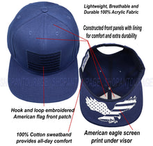 Load image into Gallery viewer, Antourage American Flag Flat Visor Constructed Snapback Hat + 2 Patriotic Patches - Navy
