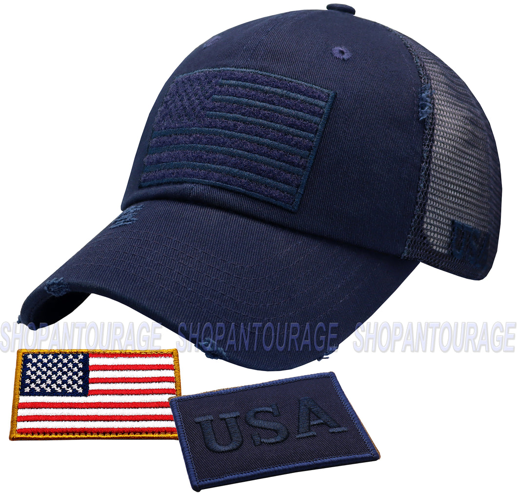Antourage American Flag Mesh Snapback Unconstructed Unisex Trucker Hat + 2 Patriotic Patches - Navy