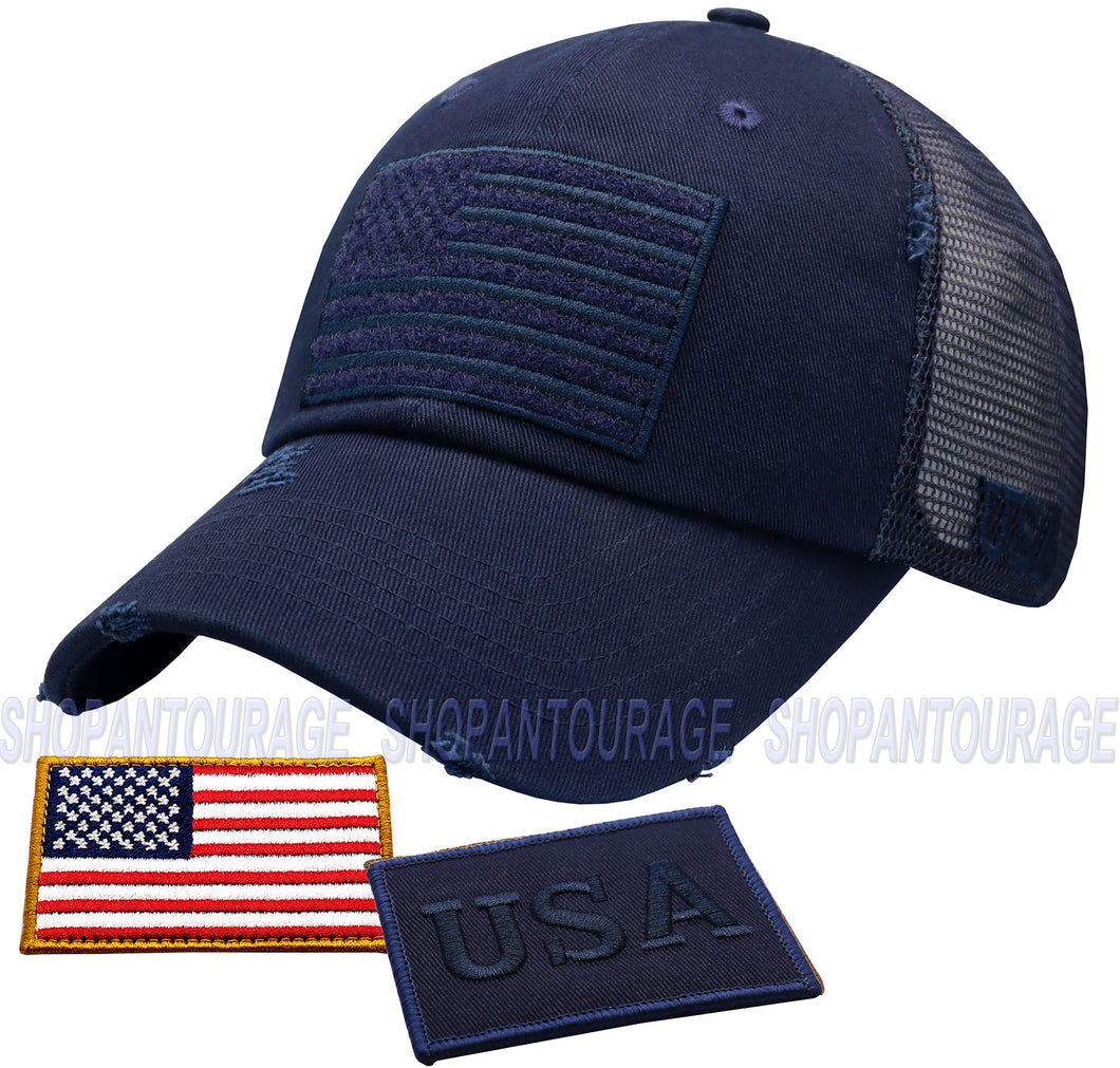 Antourage American Flag Distressed Mesh Collection Hat - Wholesale: Navy - 10 Units ($7.00 Ea.)