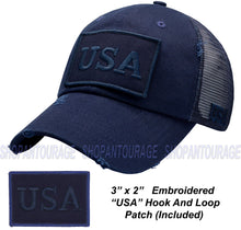 Load image into Gallery viewer, Antourage American Flag Mesh Snapback Unconstructed Unisex Trucker Hat + 2 Patriotic Patches - Navy
