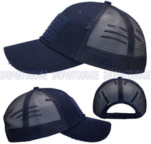 Load image into Gallery viewer, Antourage American Flag Mesh Snapback Unconstructed Unisex Trucker Hat + 2 Patriotic Patches - Navy
