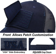 Load image into Gallery viewer, Antourage American Flag Mesh Snapback Unconstructed Unisex Trucker Hat + 2 Patriotic Patches - Navy
