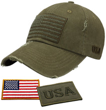 Load image into Gallery viewer, Antourage American Flag Hat for Men and Women | Vintage Baseball Tactical Hat Cap with USA Flag + 2 Patriotic Patches - Olive
