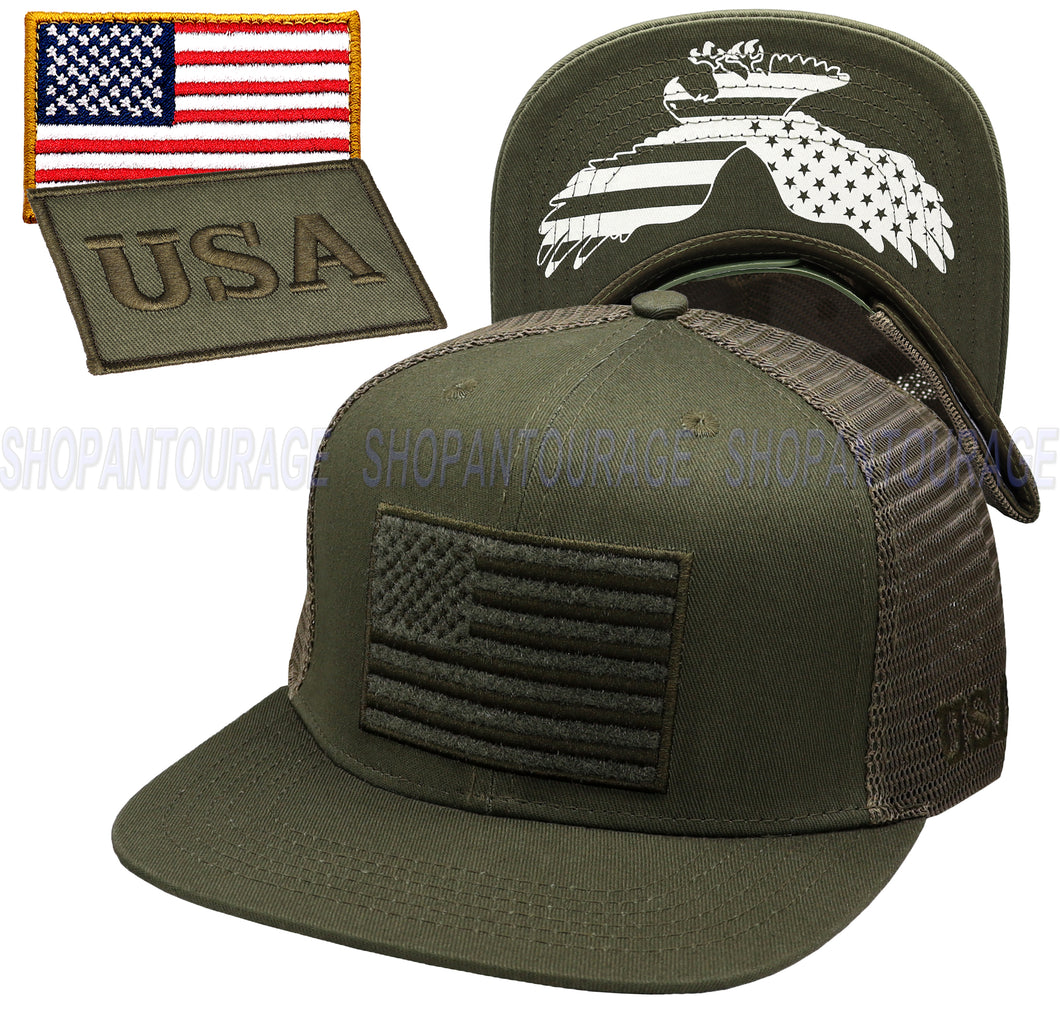 Antourage American Flag Flat Visor Constructed Mesh Snapback Hat + 2 Patriotic Patches - Olive