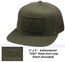 Load image into Gallery viewer, Antourage American Flag Flat Visor Constructed Mesh Snapback Hat + 2 Patriotic Patches - Olive
