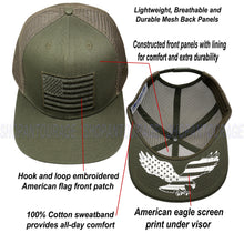 Load image into Gallery viewer, Antourage American Flag Flat Visor Constructed Mesh Snapback Hat + 2 Patriotic Patches - Olive
